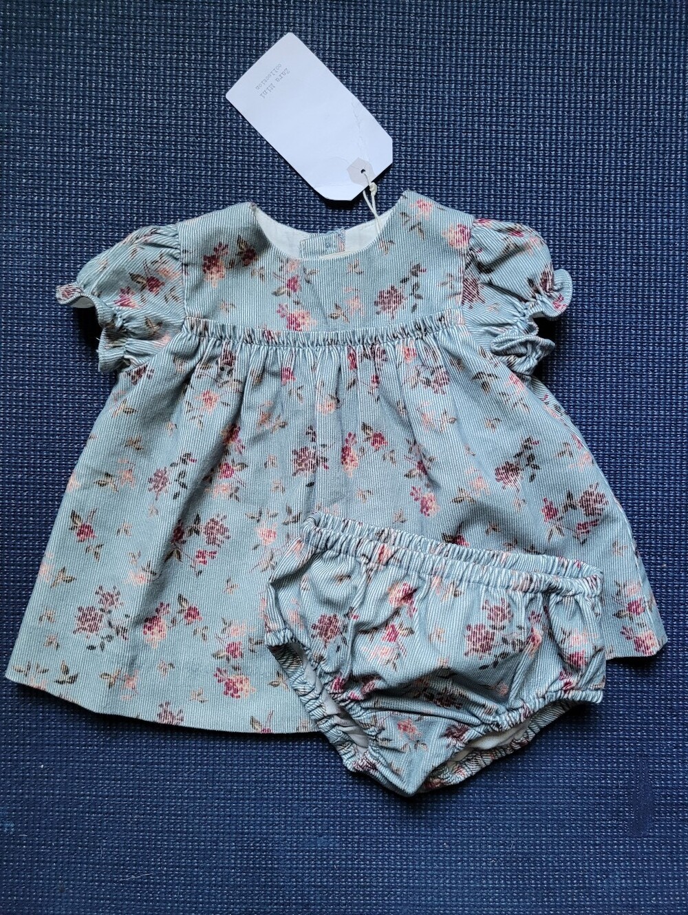 Zara Puff-Sleeve Baby Dress & Bloomers -  Floral Print Fine Wale Corduroy 1-3m